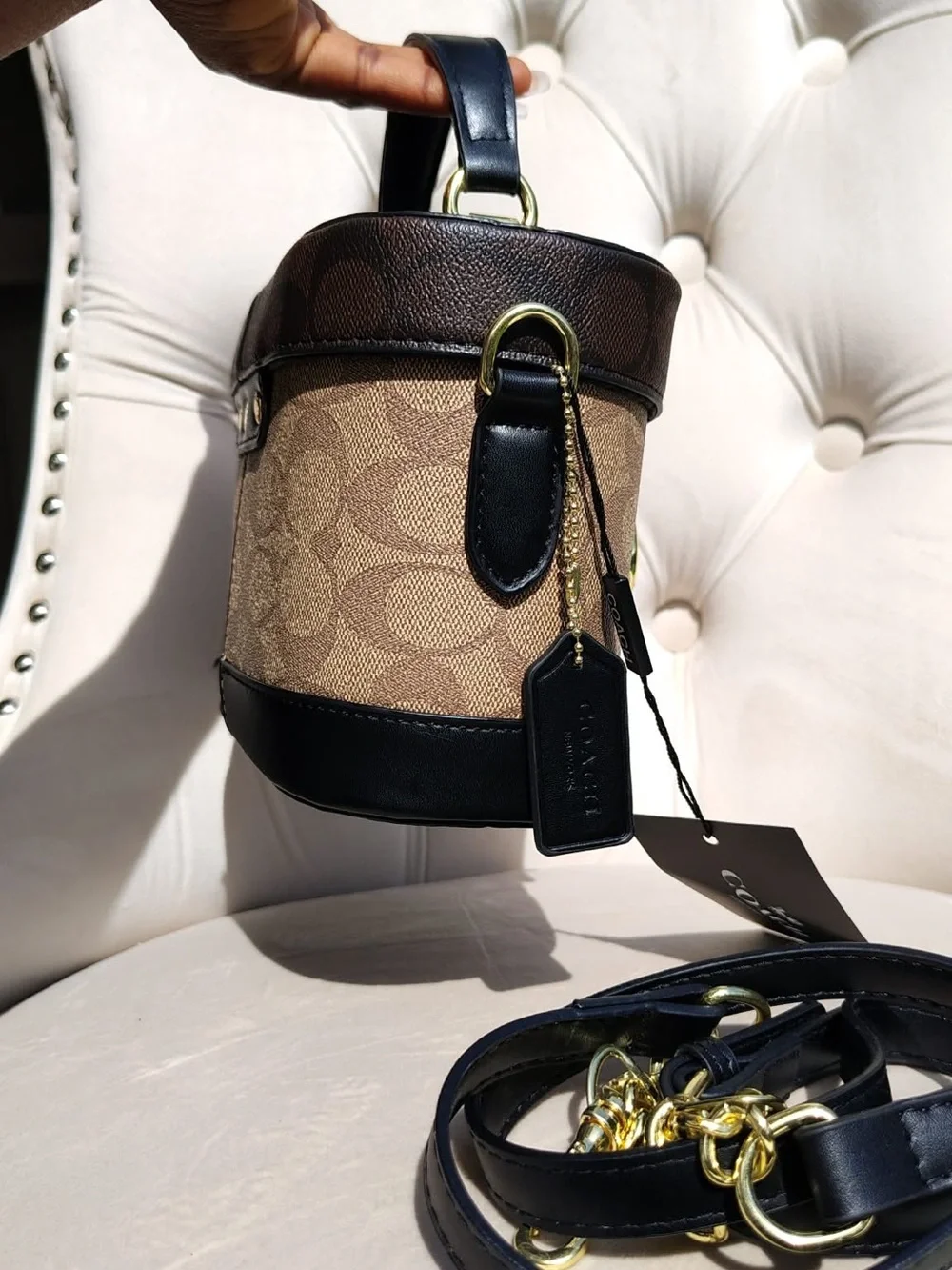 Coach Brown/Tan Canvas and Black Leather Top Handle Satchel with Gold Hardware